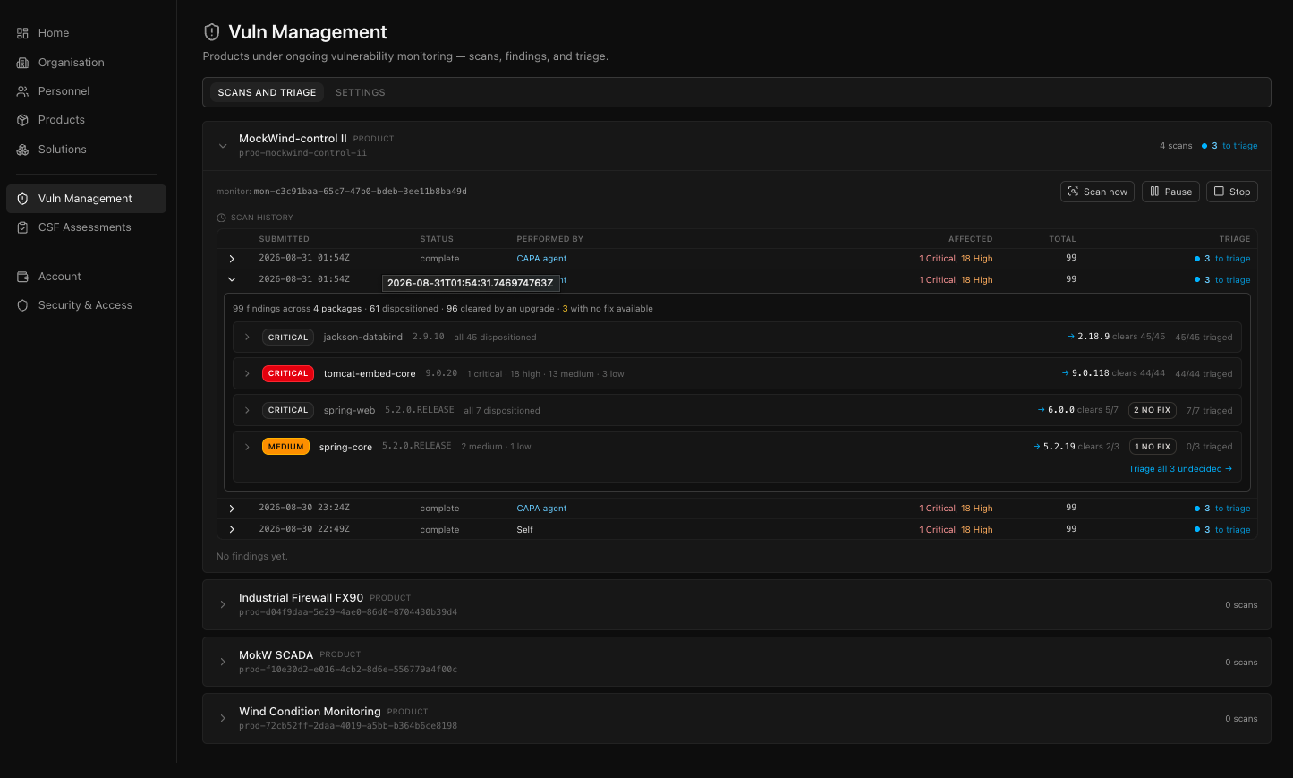 Argos vulnerability management — scans, findings and triage by product